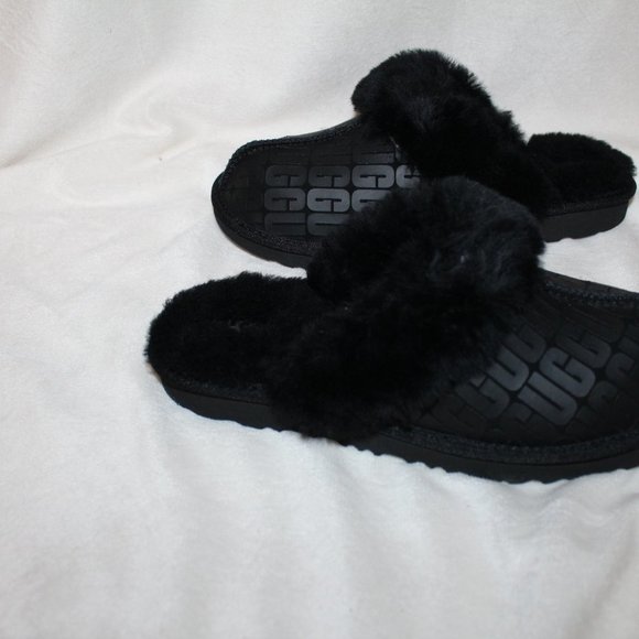 NIB‎ UGG LOGO WOMEN'S SUEDE SHEARLING COZY SLIDE SLIPPERS BLACK - Picture 5 of 11
